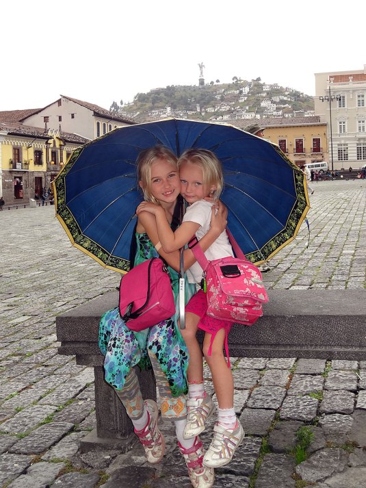 In one of the lovely plazas of Quito's historical centre with the winged Virgin