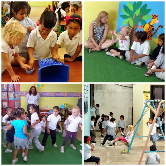 Lara settled in the 'Kinder' school with classmates teacher Rusetty and volunteer Sandra. 