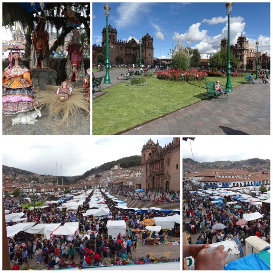 Cusco's serene and green main square, Plaza de Las Armas becomes a bustling market on Christmas eve with huge nativity scene at its centre - baby Jesus appearing in the manger on Christmas eve night .