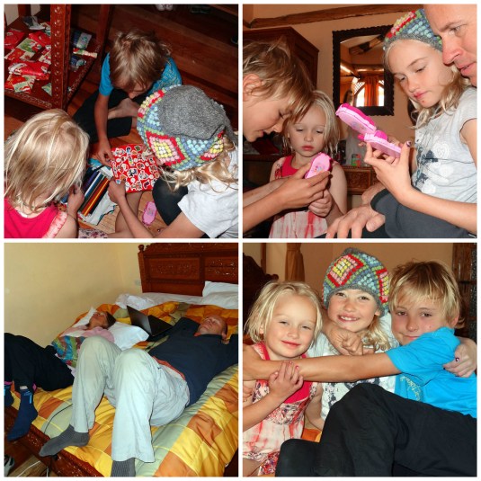 The joys of giving and receiving pressie although it gets a bit much for some, who have had a late night partying and need a lie down!