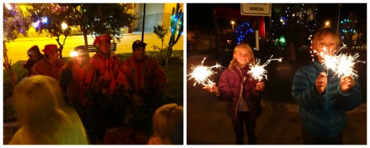 Sparklers on New Years Day evening. in Ollantaytambu Plaza de las Armas