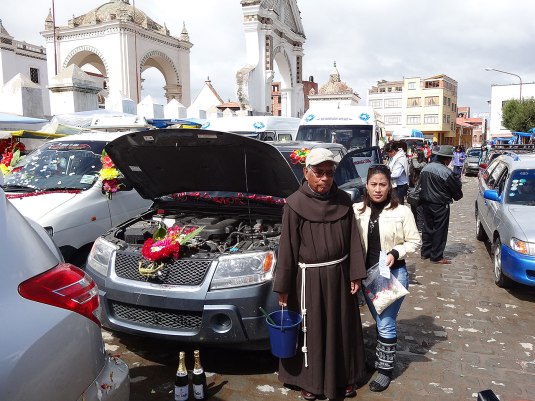 Car blessing outside the lovely cathedral in Copacabana