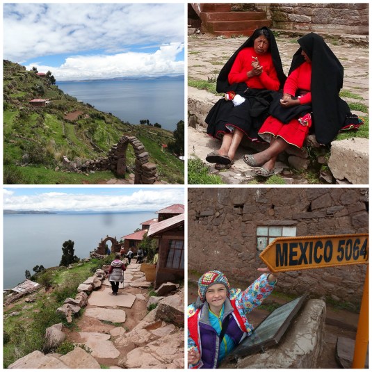 Lovely Taquile, unchanged for centuries, except the sign showing the distance to places around the globe. Zoe laments, not for the first time that we didn't visit Mexico - Mum look its not so far, can't we go?!