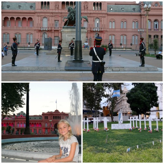 25 Mayo Plaza - Flag Ceremony, Malvinas conflict protest and Zoe having a rest after running laps aroud the fountain