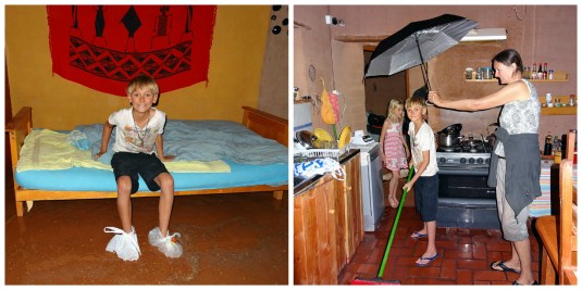 Ben gets in the spirit with new floodproof shoes and helping sweep water and mud out of Sandra's kitchen