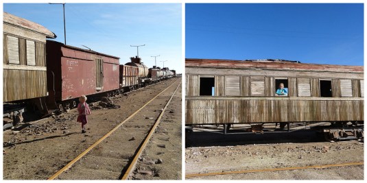 playing on trains at bolivia border town Avaroa