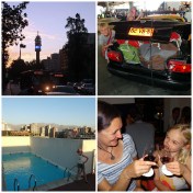 Santiago at dusk, how to get 6 peoples luggage in a regular taxi,  our rooftop pool and a posh dining cheers at Bocanariz! 