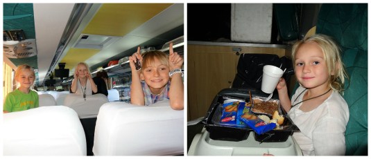 The bus to Puerto Madryn - happy kids before and after the little tantrum! Butter wouldn't melt in her mouth?