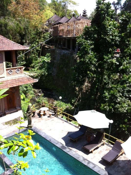 Our riverside villa, pool and temple across the river