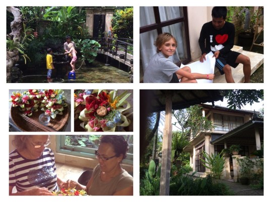 The beautiful villa and beautiful Balinese friends - Angel explains to Erika the offerings shes going to place  around our home, Lara helps Kadek clean the pond and Kadek helps Ben figure out how to design and build a kite:)